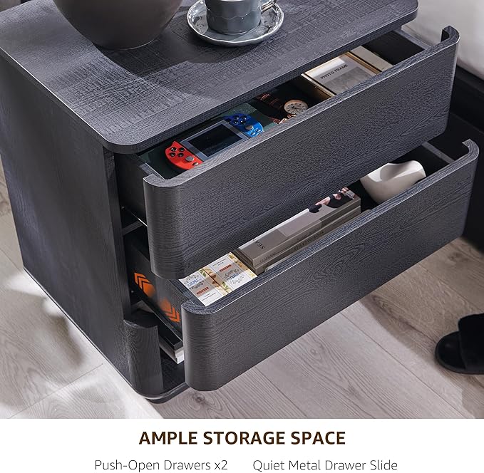 ACCOHOHO Nightstand with Charging Station, 22" Push-to-Open Bedside Table with 2 Storage Drawers, Large Modern End Table for Bedroom,Black