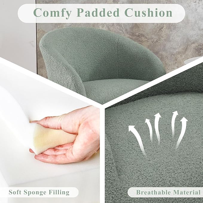 Modern Small Accent Chair Set of 2, Comfy Sherpa Makeup Vanity Chair with Metal Legs, Decorative Chair no Wheels for Living Room, Dressing Room, Bedroom, Green