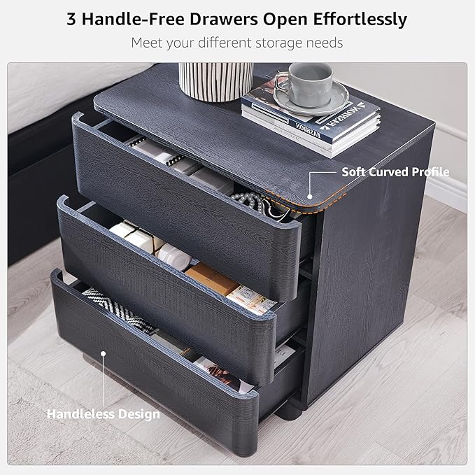 JXQTLINGMU 22" Modern Nightstand Set of 2 with Charging Station, Large Push-to-Open End Table, Wood Bedside Table, Curved Profile, Handleless 3 Drawer Night Stand for Bedroom, Living Room, Black