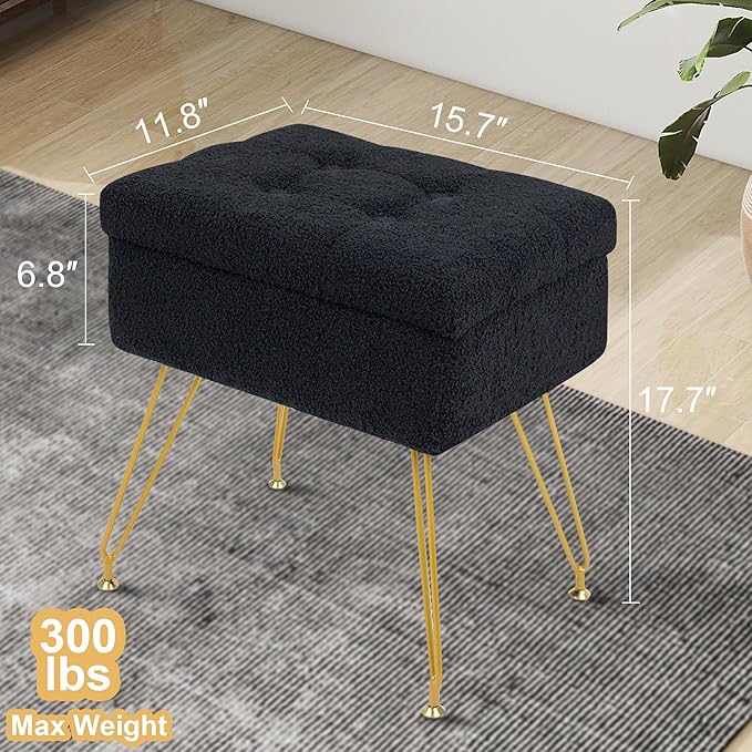 Vanity Chair with Storage, 15.7" L x 11.8" W x 17.7" H Teddy Velvet Vanity Stool with Coffee Table and Metal Legs, Multifunctional Makeup Stool for Vanity, Bedroom, and Living Room, Black