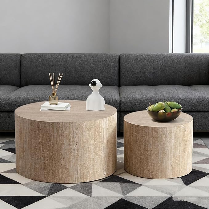 Round Nesting Coffee Table Set of 2 Small Round Coffee Tables for Living Room Modern Fluted Coffee Table Circular End Table Side Table for Small Spaces No Assembly (Travertine, 27 in)