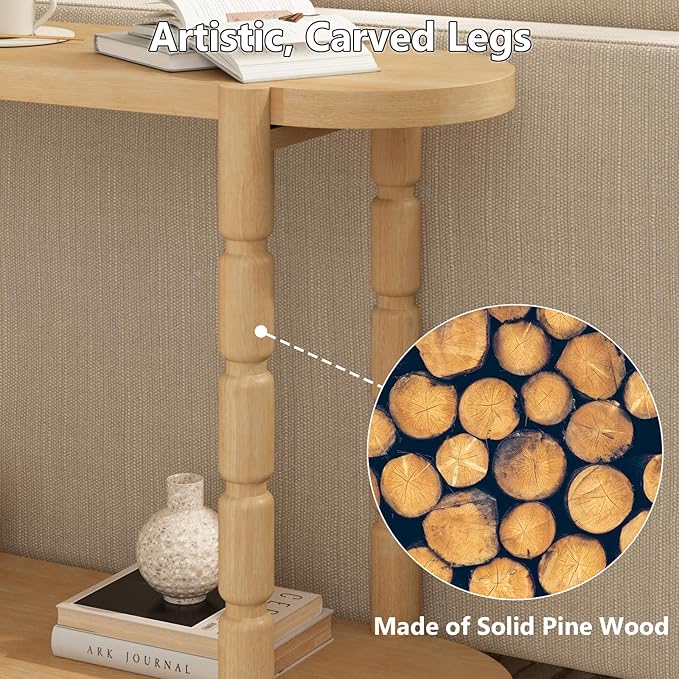 Farmhouse Entryway Table with Storage-43.4" Narrow Console Table with Solid Wood Legs, 2 Tiers Rounded Corners Sofa Tables for Living Room，Hallway, Entrance, Foyer, Natural