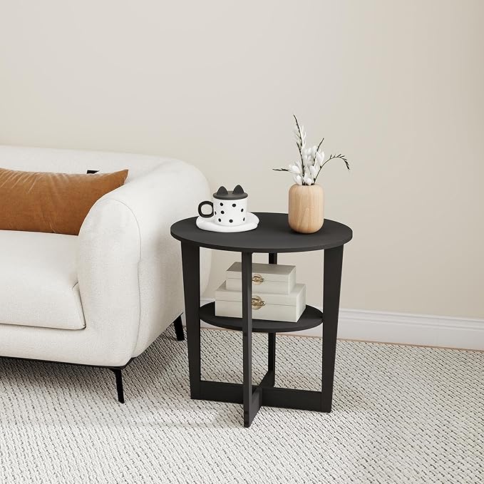 Living Room End Table, Small Side Table with 2-Tier Open Storage for Small Spaces, Apartment Home Office, Black