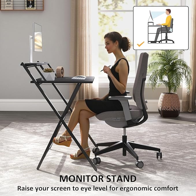 HOMCOM Small Folding Desk, 32 Inch Foldable Computer Desk with Monitor Shelf, Space Saving Portable Writing Table for Small Spaces, Home Office, Study, Easy Assembly, Black