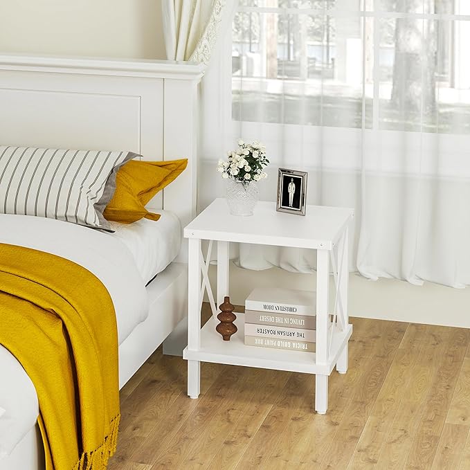 Large End Table Farmhouse Side Table Industrial Style Sofa Table Metal X Accent Wood Coffee Table NightStand with Storage Shelf for Living Room Bedroom White MLBZ16W