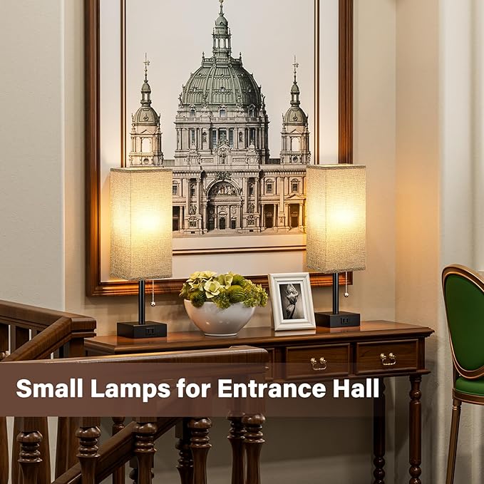 Grey Bedside Lamps for Bedroom Set of 2 - Small Nightstand Lamp with AC Outlet Charging Port, 3 Color Temperatures Rectangular Desk Light with Bulb, Tabletop Reading Lamp for Living Room/Dorm/Office