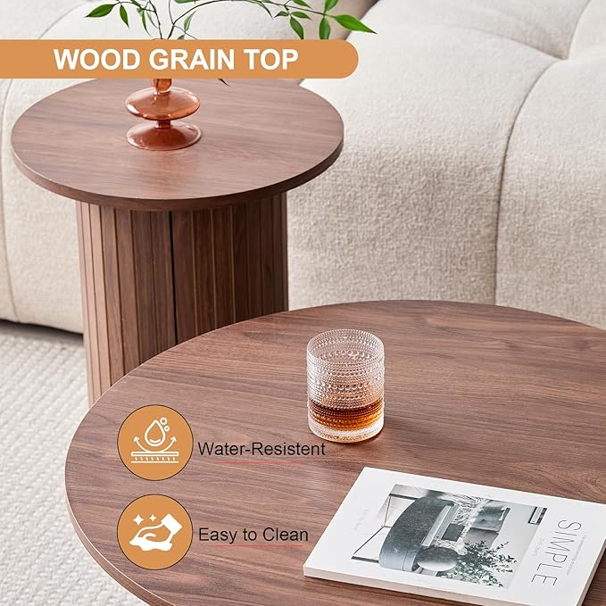 Round Nesting Coffee Tables Set of 2 -φ27.6 Large Short + φ15.8 Small Tall Boho Circle Side Tables with Fluted Drum Design, Brown