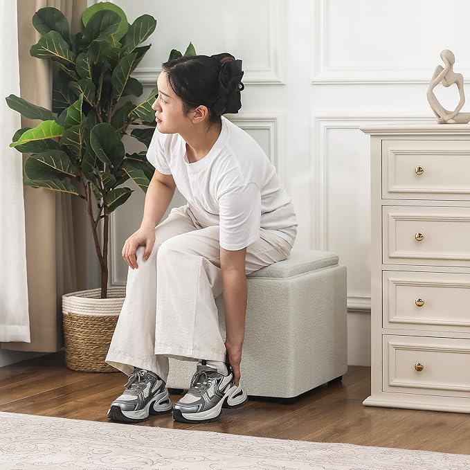 Adeco 17" White Square Storage Ottoman with Tray, Modern Cube Ottoman Coffee Table for Dorm, Bedroom (White with Tray)