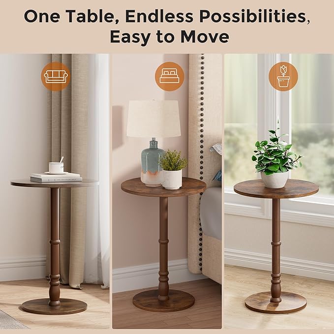 Round Side Table, Solid Wood Pillar, Large 15.7" Top, Small Accent Table for Living Room, Bedroom, Sofa, Entryway & Office, Easy Assembly, Rustic Brown