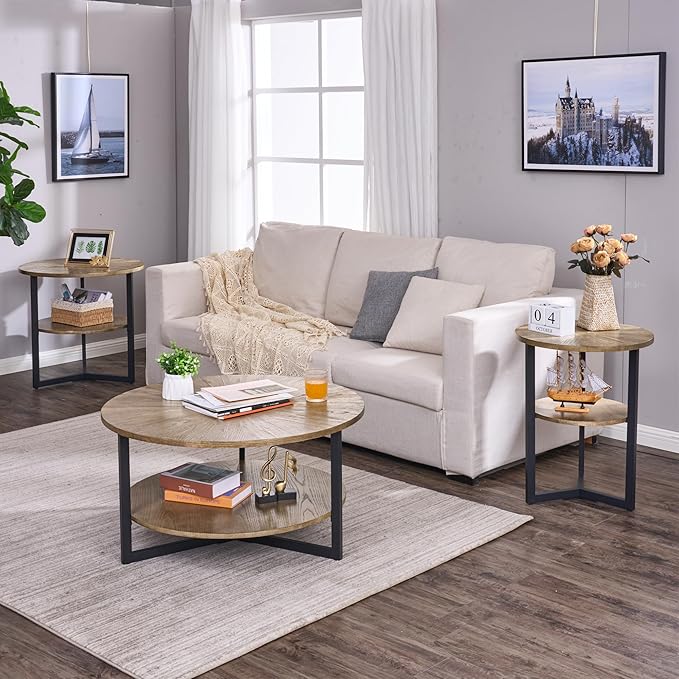 LEEMTORIG Round Side Table, 2-Tier High End Table Nightstand with Metal Legs, Modern Bedside Couch Table for Living Room, Bedroom, Office, Rustic Natural/Black, 19.3 x 19.3 x 24 inches BZ-1338