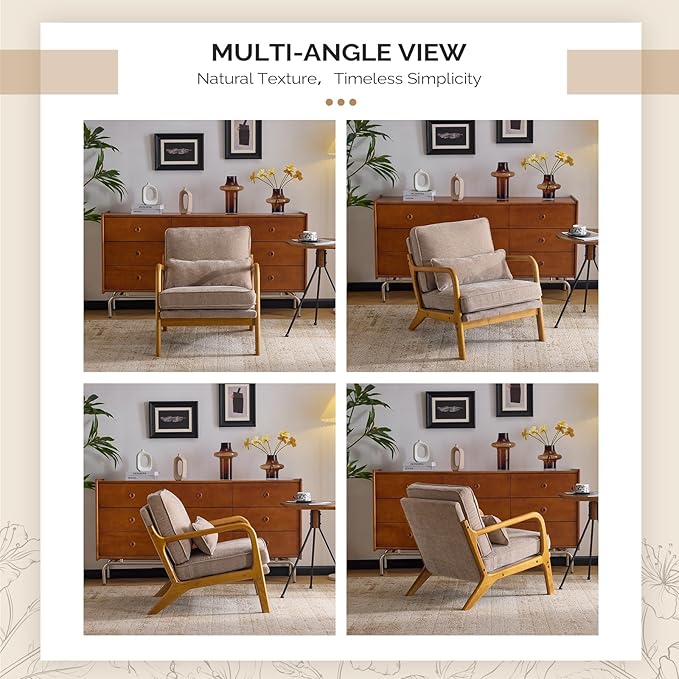 VINGLI Chenille Mid-Century Modern Accent Chair, Cute Reading Arm Chair with Cushion & Lumbar Pillow & Solid Wood Frame for Lounge, Living Room, Reading Room, Bedroom, Light Khaki