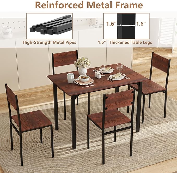 GOFLAME 5-Piece Dining Table Set, Industrial Kitchen Table and Chairs for 4 with Backrest and Metal Frame, Rectangular Space-Saving Dinette Set for Dining Room, Apartment, Small Space, Walnut