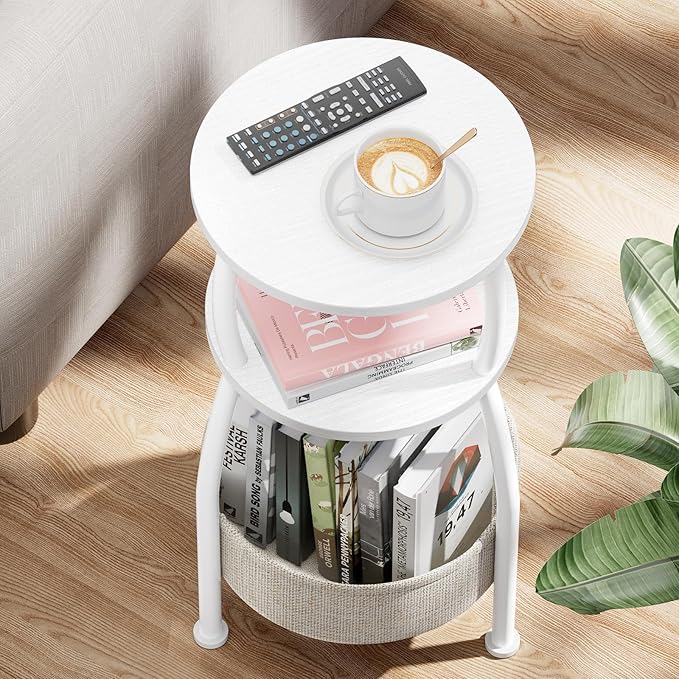 Small Round Side Table for Living Room with Storage Basket –Small Space Saving End Table 3-Tier Nightstand Couch Corner Stand Bedroom, Garden and More 24in Tall Matte White
