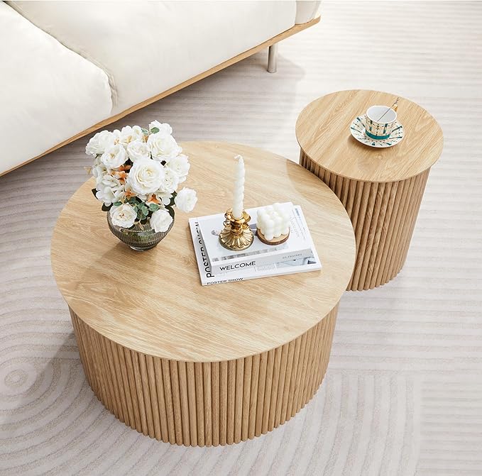 Fluted Round Nesting Coffee Table Set of 2, Mid Century Modern Wood Coffee Table and End Table Set, Minimalist Center Tables Circle Side Table for Living Room, Office(Natural)