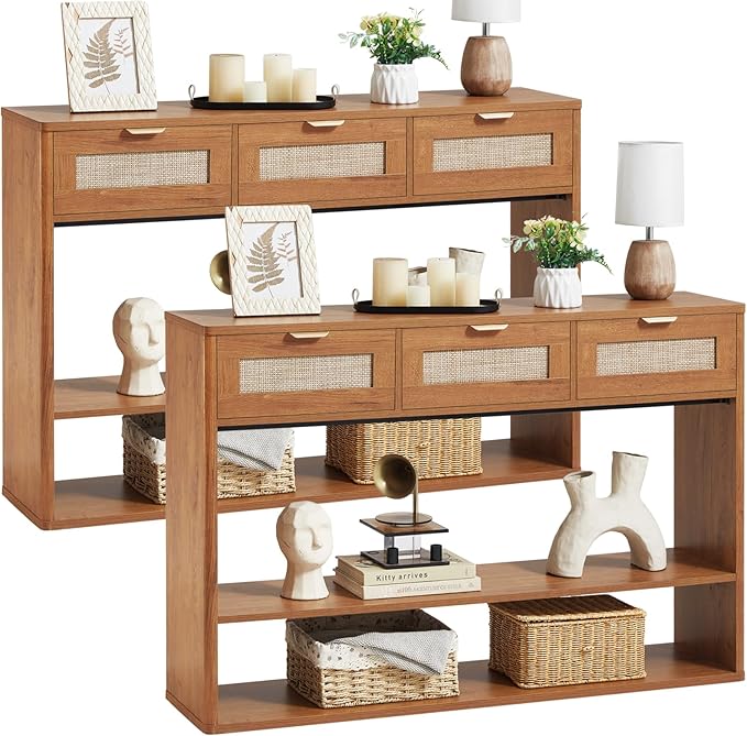 LEYAOYAO 48" Boho Rattan Console Table with 3 Drawers Set of 2,Wooden Entryway Table with Open Storage Shelf, 3 Tier Narrow Long Behind Couch Sofa Tables for Living Room, Hallway, Foyer, Brown