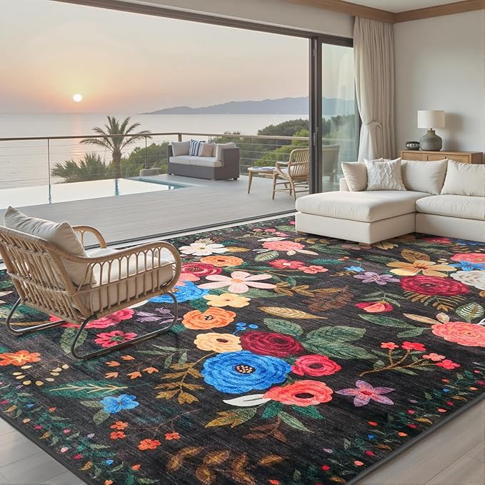 Black Area Rugs 10x14 Living Room, Non Slip Machine Washable Floral Rugs, Low Pile Lightweight Large Rug for Bedroom, Dining Room, Home Office(10 x 14, Black Lawn)