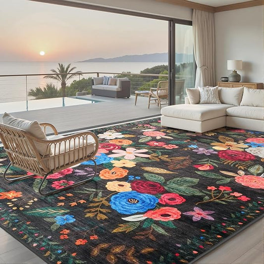 Black Area Rugs 10x14 Living Room, Non Slip Machine Washable Floral Rugs, Low Pile Lightweight Large Rug for Bedroom, Dining Room, Home Office(10 x 14, Black Lawn)