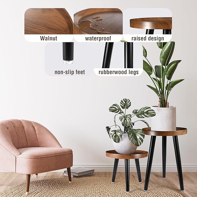 Indoor Plant Stand,Wood Mid Century Plant Table in Walnut Finish,Tall Plant Stand for Flower Pot,Modern Round Small Side End Table with Raised Design (Walnut, 12"x10.8")