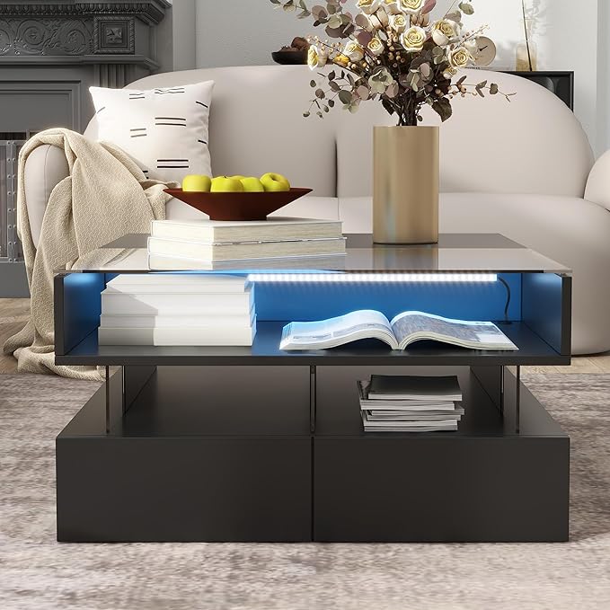 Lift Top Coffee Table with 2 Drawers and LED Lights, Modern 29.5" Square High-Gloss Center Table Cocktail Tea Table with Glass Top and Hidden Space for Living Room Apartment Black