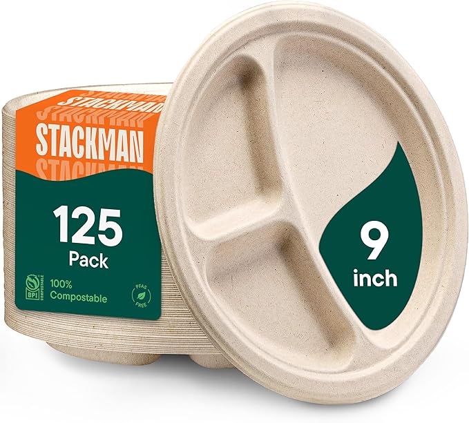 100% Compostable, 3 Compartment, Disposable Paper Plates [125-Pack] - {PFAS Free} - {BPA Certified} - [9 Inch] Heavy Duty Biodegradable Bagasse Sectional Lunch Trays + Dividers - Divided Platte Tray