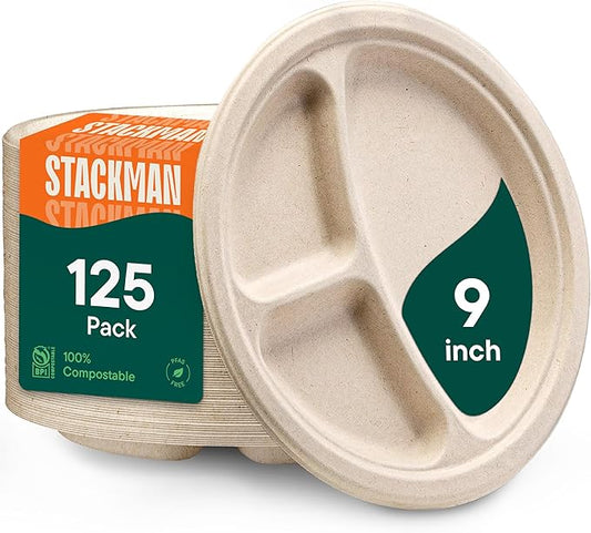 100% Compostable, 3 Compartment, Disposable Paper Plates [125-Pack] - {PFAS Free} - {BPA Certified} - [9 Inch] Heavy Duty Biodegradable Bagasse Sectional Lunch Trays + Dividers - Divided Platte Tray
