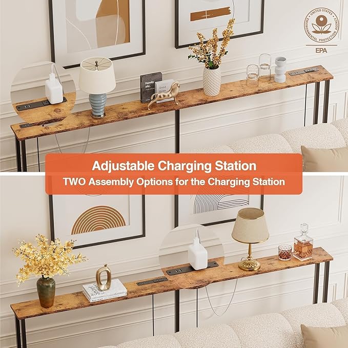 102" Narrow Console Sofa Table - 2 Power Outlets & 4 USB Ports, Metal Frame, Rustic Brown, Perfect for Hallway, Office, and Behind Sofa - Easy Assembly, 4.9' Extension Cord Included