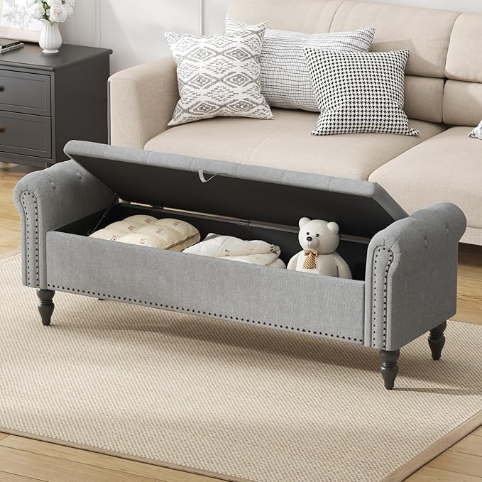 Furniliving 63” End of Bed Bench, Bedroom Bench with Button-Tufted, Large Upholstered Storage Ottoman Benches Entryway Bench with Storage Shoe Cabinet Bench, for Bedroom, Living Room, Linen, Grey