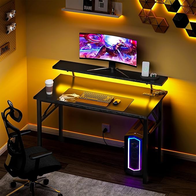 DlandHome Computer Desk 39’’ with LED Lights & Power Outlets,Folding Desk with Monitor Stand, Writing Desk Home Office Desk, Fully Assembled,Black