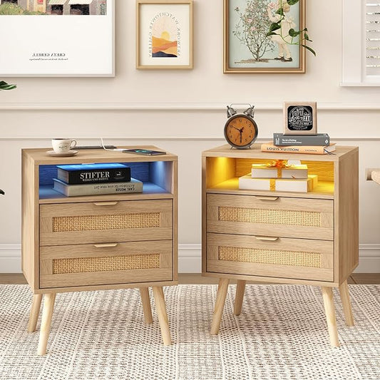 Real Rattan Nightstands Set of 2 with Charging Station and Led Lights, End Tables with 2 Drawers and Wood Legs, Bedside Tables, Boho Night Stand Set 2 for Bedrooms, Side Tables (2 Pack)