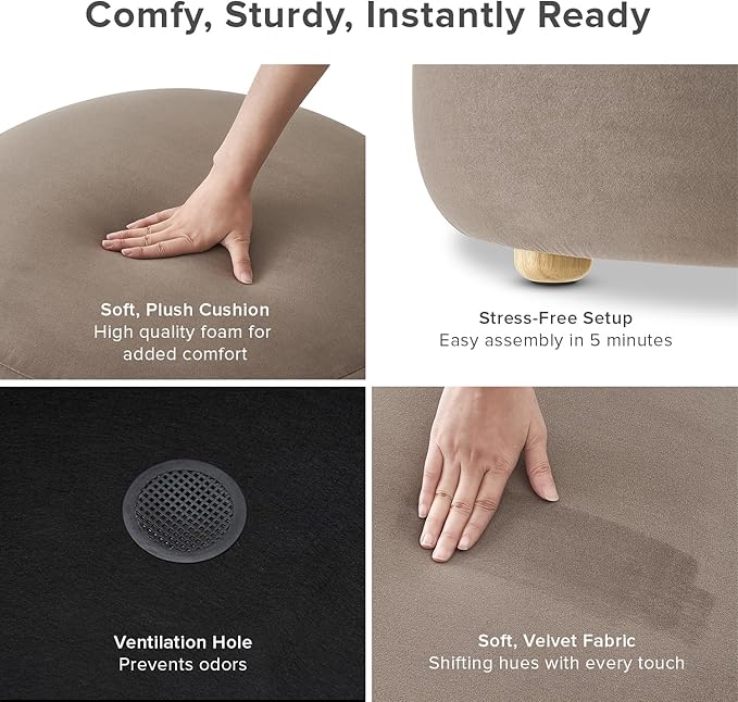 mopio Luna Round Ottoman with Storage and Tray, Round Coffee Table with Storage, Upholstered Foot Stools Ottoman for Living Room, Bedroom, with Solid Rubberwood Legs (Mocha Brown Premium Velvet)