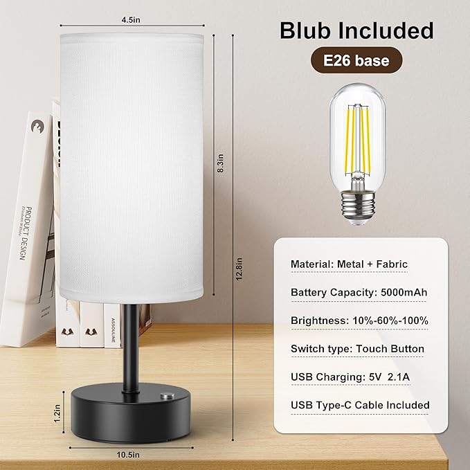 ROTTOGOON Cordless Table Lamp Touch Control Dimmable Small Bedside Table Lamps with Beige Fabric Shade 5000mAh Rechargeable Battery Powered Desk Lamp for Bedroom,Home,Office,Dorm-Black