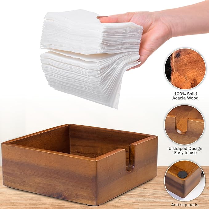 Acacia Cocktail Paper Napkin Holder Square 5.4x5.4 inches, Wood Flat Napkin Tray, Cocktail Napkin Caddy For Kitchen Décor, Restaurant Countertop Bar Accessories