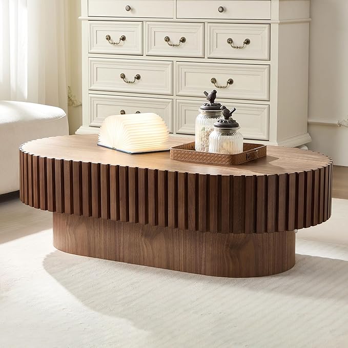 43.7'' Round Coffee Table for Living Room, Oval Coffee Table Modern Handcraft Drum Coffee Table Center Table Wood Small Coffee Table Side Table End Table with Sturdy Pedestal for Apartment,Wanult