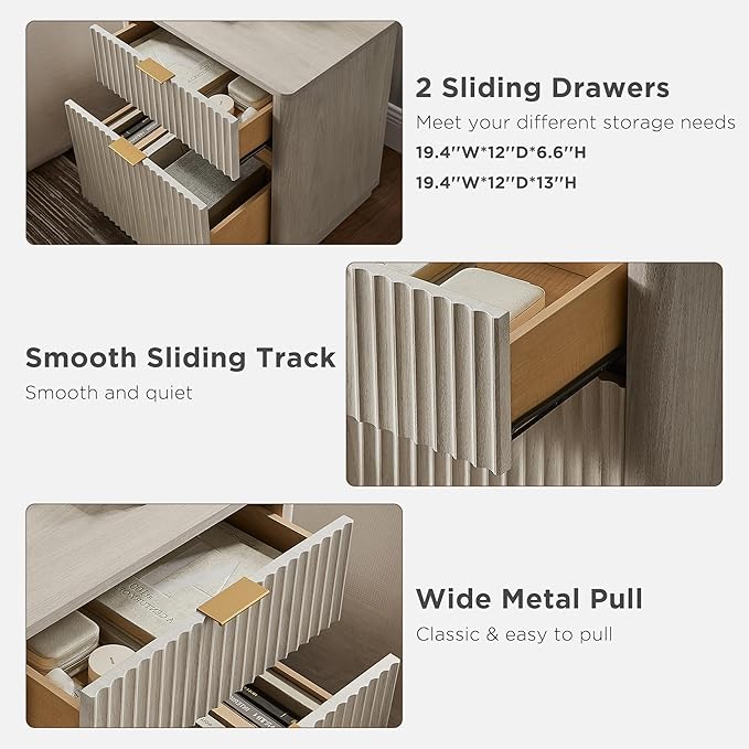 T4TREAM 23'' Fluted Nightstand with Charging Station, Large 2 Drawer Side Table, Modern End Table with Storage, Mid Century Bedside Table for Bedroom, Living Room, Curved Profile, White Alder