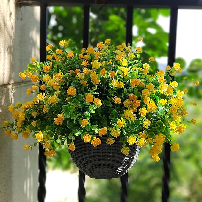 12 Bundles Artificial Flowers for Outdoors, UV Resistant Fake Flowers with Plastic Plants, Faux Flowers for Outside Window Box Front Porch Hanging Planter Decor (Yellow)