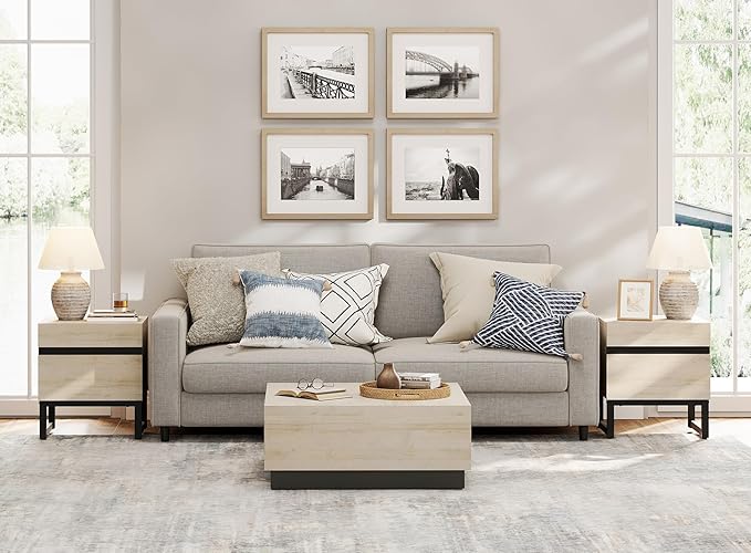 WAMPAT 2 Pack Modern End Table with 2 Drawers, Farmhouse Sofa Table with Black Square Iron Leg, Wood Rustic Side End Table for Living Room, Nighstand for Bedroom, Light Oak