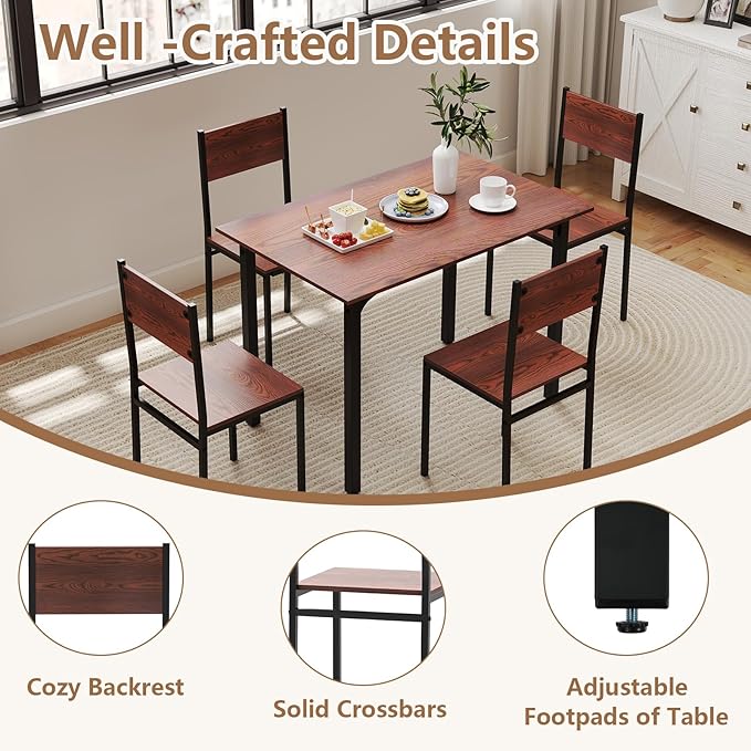 GOFLAME 5-Piece Dining Table Set, Industrial Kitchen Table and Chairs for 4 with Backrest and Metal Frame, Rectangular Space-Saving Dinette Set for Dining Room, Apartment, Small Space, Walnut