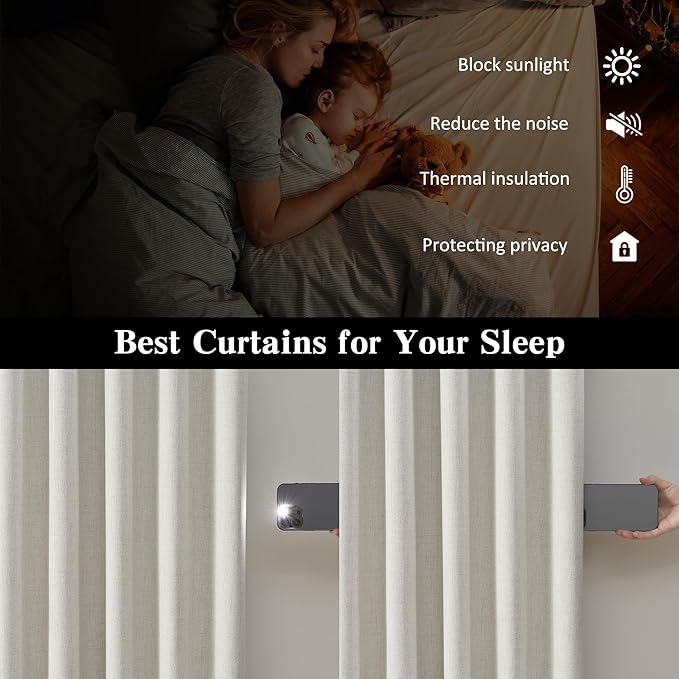 RAIN CITY 130 Inch Blackout Curtains 2 Panels Set, Linen Custom Curtain for Track System High Ceiling to Floor Back Tab Farmhouse Dark Out Window Drapes for Living Room,Natural Birch 50"x130"