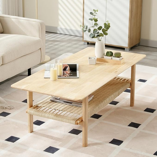 Farmhouse Coffee Table with Rattan Storage Boho Mid Centry Modern Center Table with Under Shelf Wood Living Room Table with Woven Shelf Underneath for Living Room Lounge, Natural Color