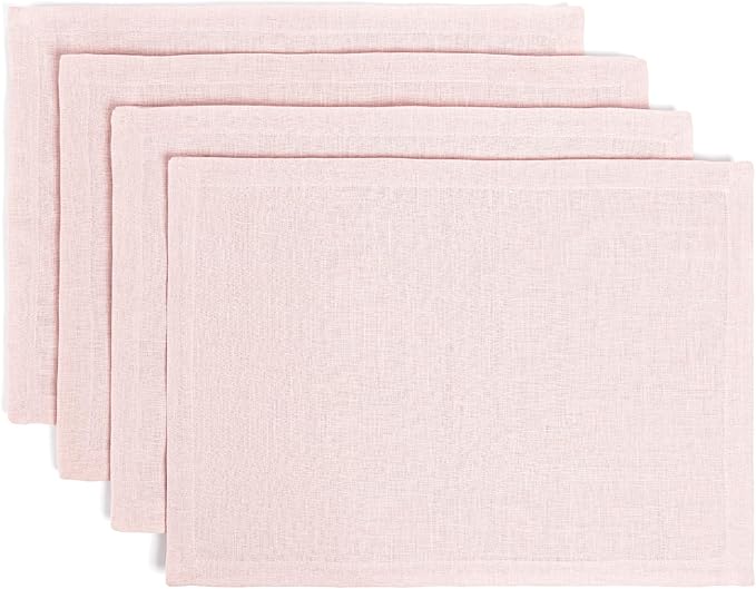 Over&Back Set of 4 Washed 100%-Linen Woven Placemats - Colorful Dining Table Mat - Machine Washable - Kitchen and Home Decor - Pink