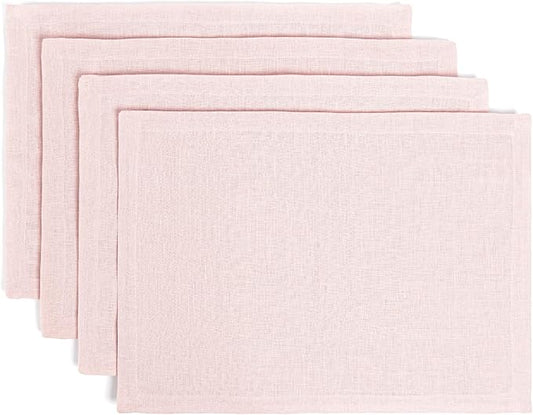 Over&Back Set of 4 Washed 100%-Linen Woven Placemats - Colorful Dining Table Mat - Machine Washable - Kitchen and Home Decor - Pink