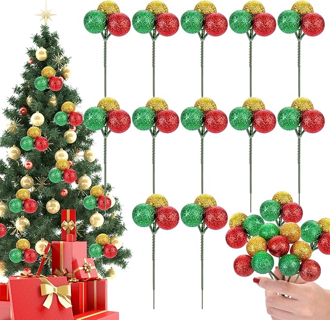 12 Pcs Christmas Tree Ball Ornaments Christmas Ball Picks for Xmas Tree Wreath Garland Vase Stairs Decoration Home Decor (Gold, Green, Red)