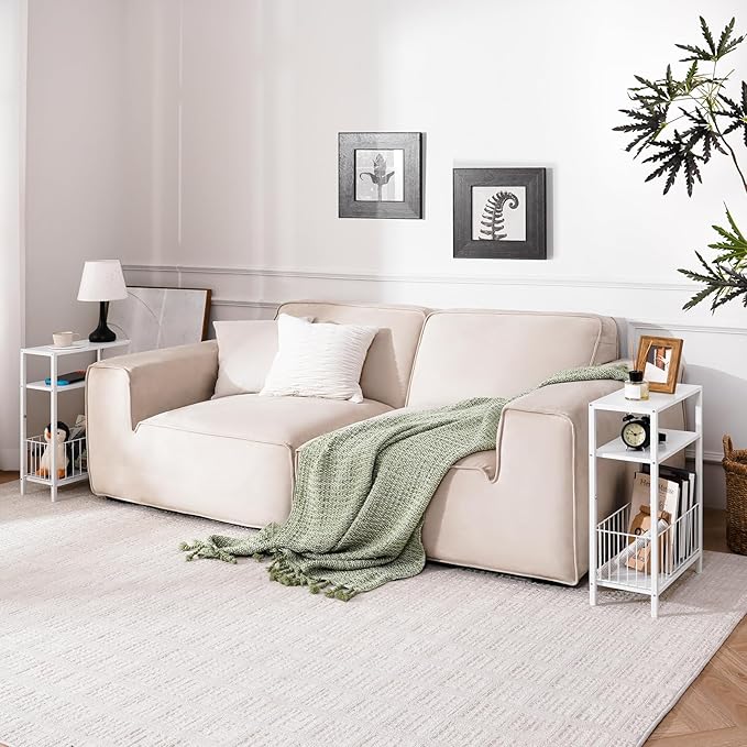 Yoobure Narrow Side Table with Storage Basket, Small End Table for Small Spaces, Skinny Side Tables Living Room Bedroom Office, Slim Nightstand 3 Tier Bedside Table Space-Saving for Magazine, White