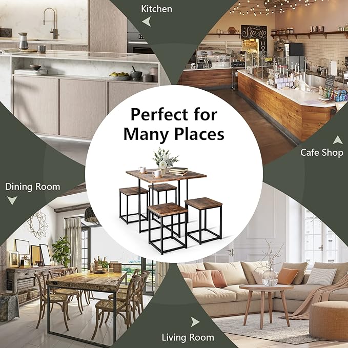 COSTWAY 5 Piece Dining Table Set, Counter Kitchen Table and Chair Set for 4 Includes 1 Square Table and 4 Stools, Space-Saving Pub Dining Set for Living Room, Breakfast Nook, Coffee Shop (Brown)