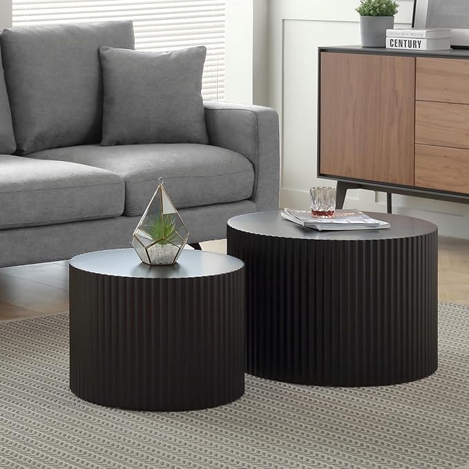 KEVINSPACE Coffee Table Nesting Tables Set of 2, Modern Round Coffee Table, Small Wooden Circle Accent Tables for Small Spaces Living Room Bedroom Balcony Drum Side Table No Need Assembly Black