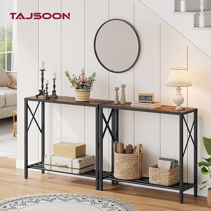 Tajsoon 2 Pack Console Table, 2 Tier Small Hallway Table, Narrow Sofa Table for Entryway with Open Shelves for Living Room, Hallway, Foyer, Office, Rustic Brown