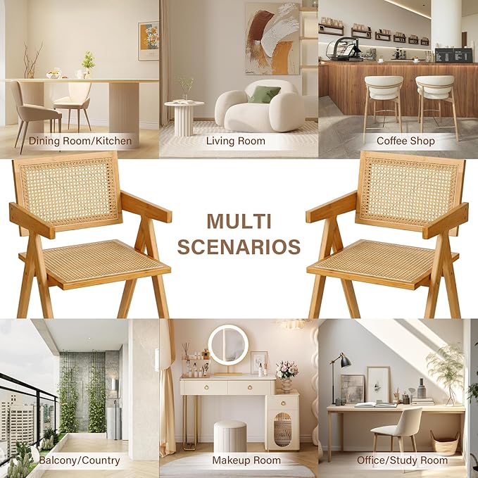 Rattan Dining Chairs Set of 2, Modern Mid Century Accent Chairs, Comfy Armchairs, Outdoor Rattan Chairs with Armrest for Bedroom Living Room Reading Room Dining Kitchen