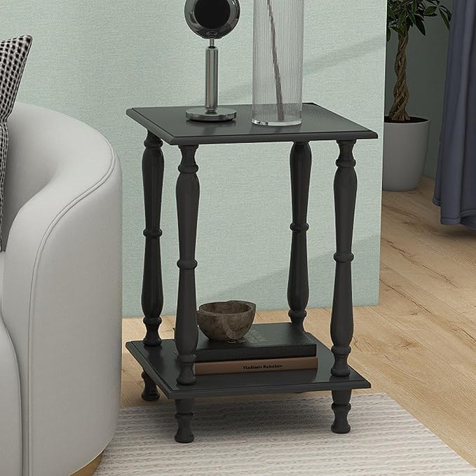 TaoHFE Square Black French Style End Side Table with Open Shelf Retro Vintage 2-Tier Bedside Table for Living Room Small Space