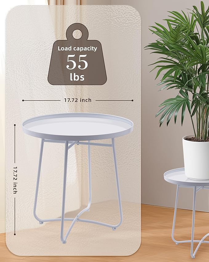 Small Side Round Table for Living Room Bedroom, Weather Resistant Outdoor Side Table Metal Patio Tables for Garden Porch Balcony Yard, Minimalist Short Round Tray Tables 17.7”D x 17.7”H, White