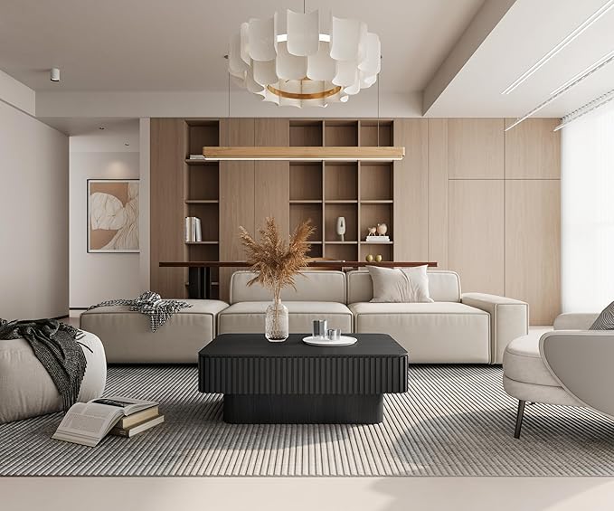 38.6'' Lift Top Fluted Coffee Table with Hidden Compartment, Modern Rectangular Wooden Center Table Cocktail Tea Table with Storage and Adjustable Height for Living Room Apartment, Black